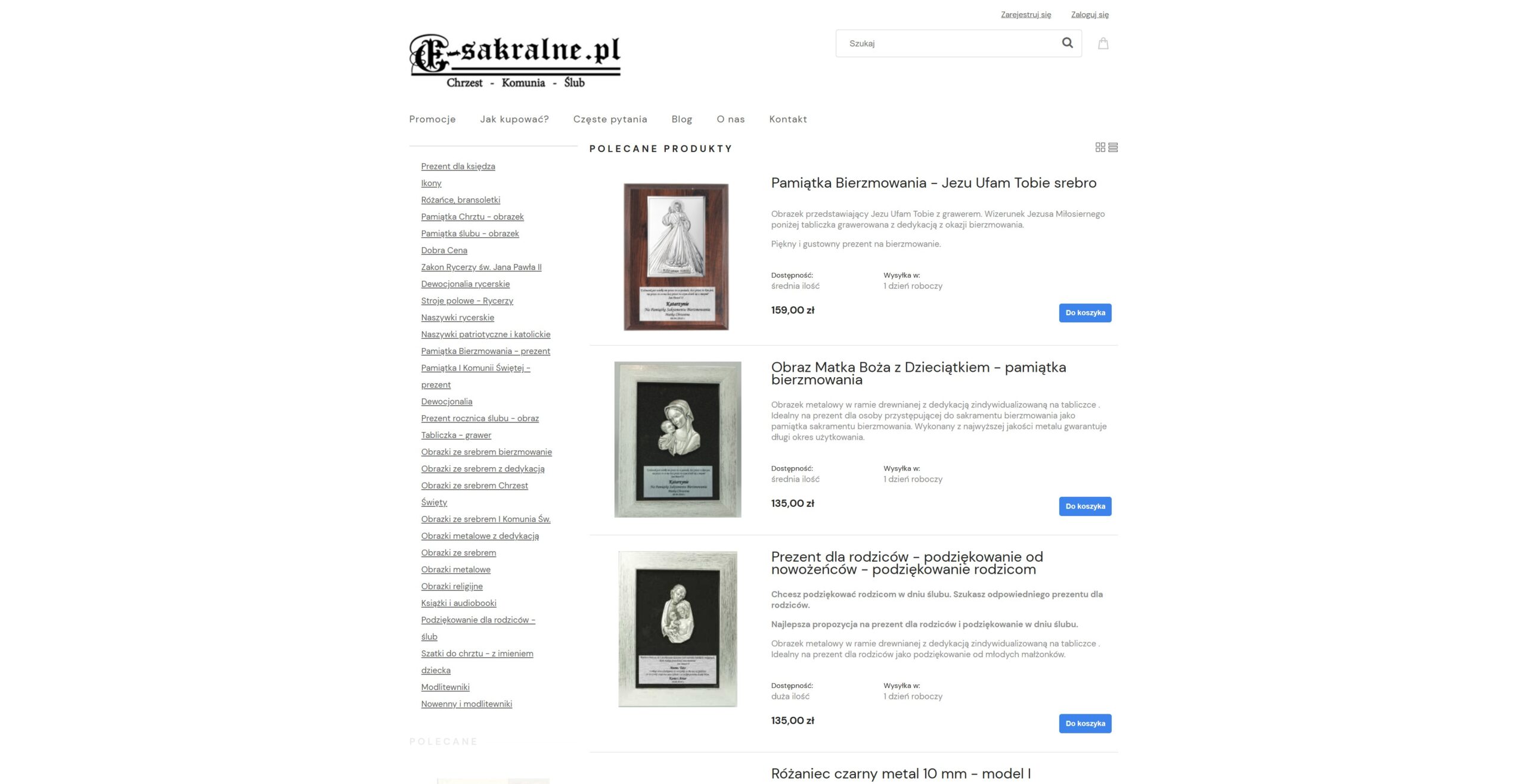 Sklep internetowy skonfigurowany przez naszą firmę dla e-sakralne.pl w Nowym Sączu
